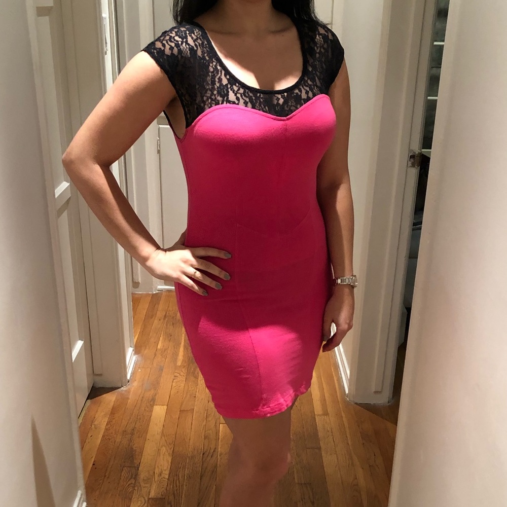 Short Hot Pink Dress with Black Lace